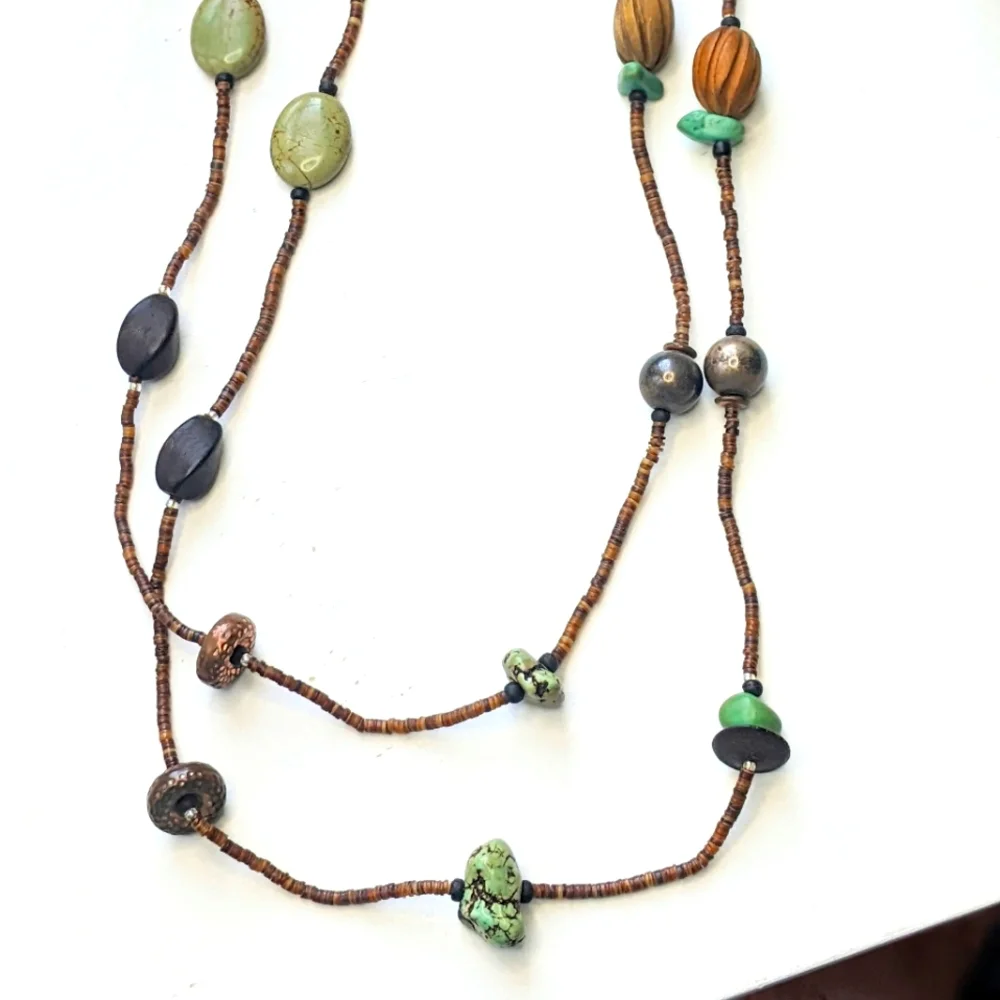 Wooden beads, real stones, and mixed metals long strand Boho necklace
